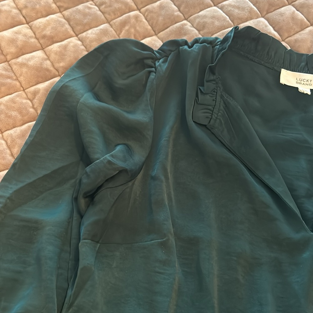 Lucky Brand Emerald Satin Dress with Sleeves. Like New Worn once. Sz L. - Picture 3 of 3